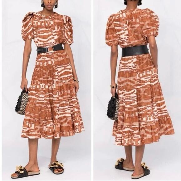 ULLA Johnson 0 Women's 100% Silk Aisa Tiered A Line Midi Skirt Fawn Ikat Print - Picture 15 of 16